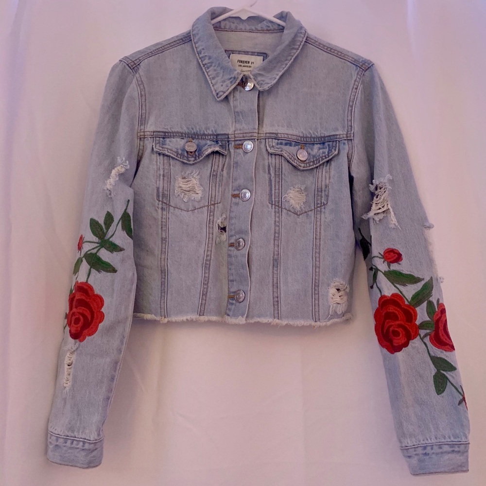 Forever 21 Jean Jacket With Roses & Rips